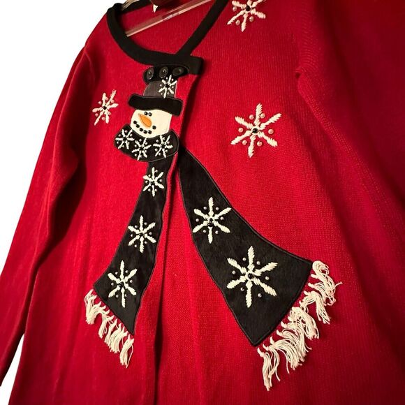 Mandal Bay Womans L Snowman Cardigan Red Christmas Sweater Holiday Frosty Ugly - Picture 2 of 12